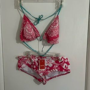 Esprit 2 piece medium bikini pink, white and blue.